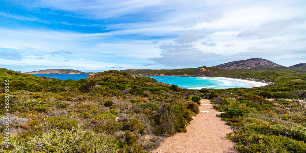 panorama of hellfire bay in cape le grand national park, a paradisiacal beach with white sand and turquoise water surrounded by mighty hills