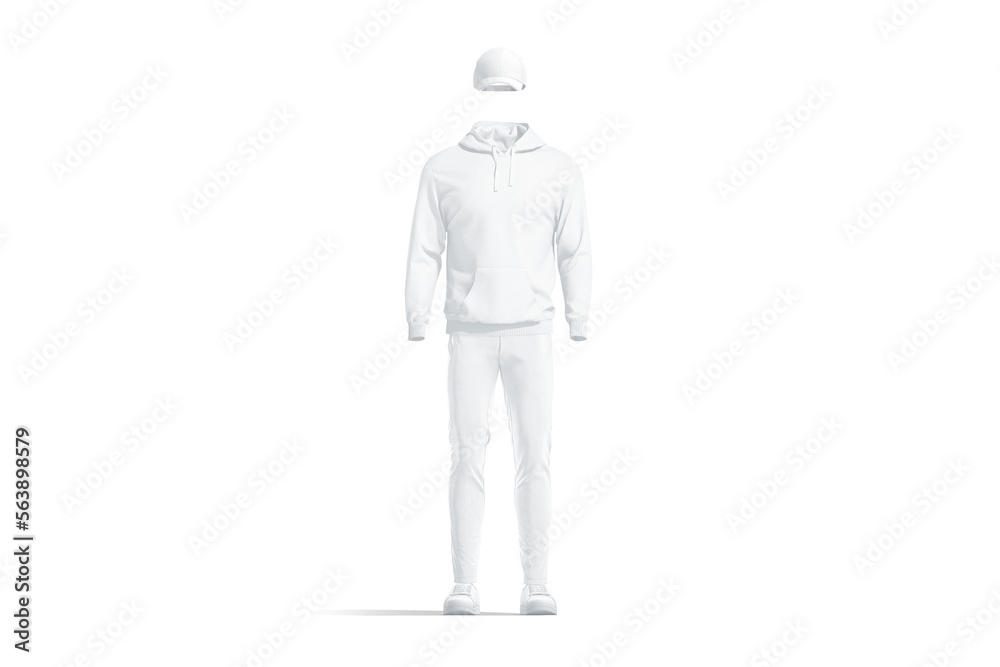 Blank white hoodie, baseball cap, pants and sneakers mockup, isolated Blank white hoodie, baseball cap, pants and sneakers mockup, isolated