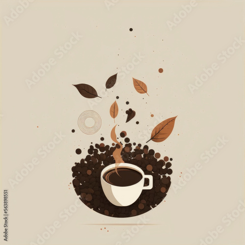 a cup of coffee surrounded by coffee beans and natural leaves representing the creation of ideas generative ai