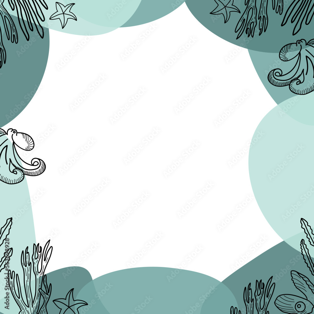 Vector background of the sea. Blue ocean frame. The underwater world of the ocean. A frame with marine life. Vector fish and corals. Vector background of the sea. Blue ocean frame. The underwater world of the ocean. A frame with marine life. Vector fish and corals.