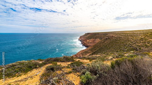 panorama of coastal cliffs in kalbarri national park, the famous kalbarri cliffs over the ocean in western australia