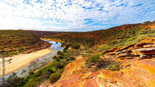 panorama of murchison river gorge in kalbarri national park, western australia; desert landscape with red rocks and a river in a deep gorge near nature's window