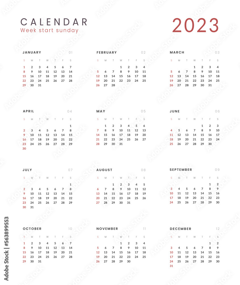 2023 Annual Calendar template with transparent background. Vector layout of a wall or desk simple calendar with week start Sunday. Calendar design in black and white colors, holidays in red colors. 2023 Annual Calendar template with transparent background. Vector layout of a wall or desk simple calendar with week start Sunday. Calendar design in black and white colors, holidays in red colors.