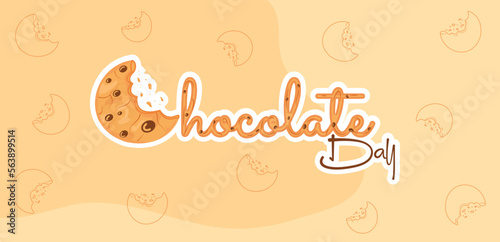 Chocolate Cookies Day with Chocolatic Typography Text Background. Bite Mark on Letter C of Chocolate Day. Cookies Biscuit Seamless Pattern Background, Greeting Card, Cover Design, Banner Template