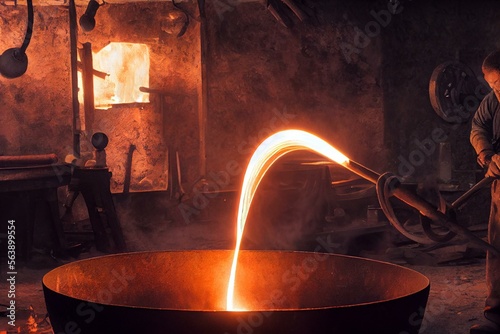 Fotografija The blacksmith twists the spiral with a sledgehammer, placing a red-hot iron blank on the anvil