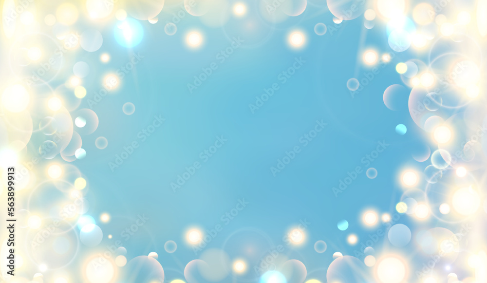 Magic lights of bokeh with golden blur soft light on sunshine sky background. Abstract Vector illustration blue sky with galaxy made blurry bokeh