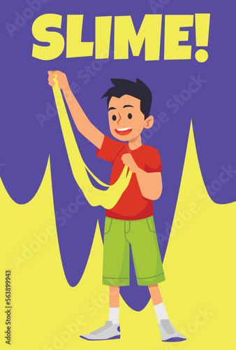 Banner with child boy making and playing with slime flat vector illustration.