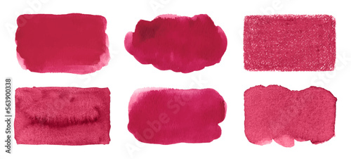 Set of hand painted brush strokes. Viva Magenta watercolor spots isolated on white background