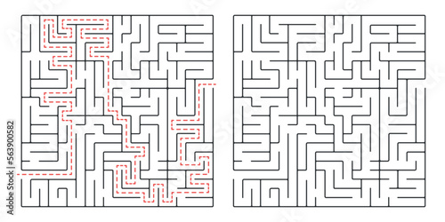 Square maze, a simple logic game with labyrinths. Vector maze game.