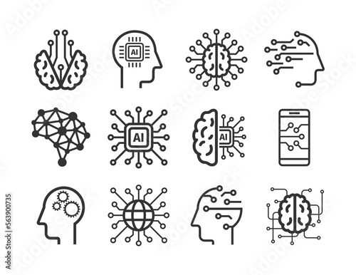Artificial intelligence line icons. AI technology: internet, solving, algorithm, vector illustration