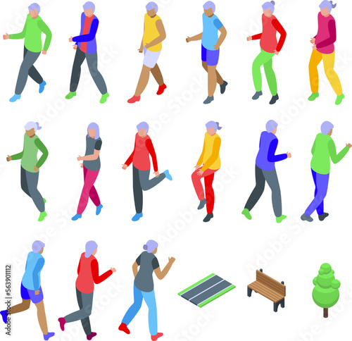Elderly people running in the park icons set isometric vector. Nature senior. Family man