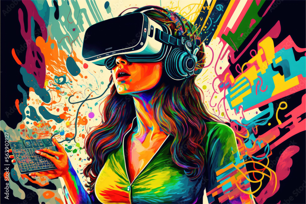 Woman wearing VR headset image created with Generative AI technology.