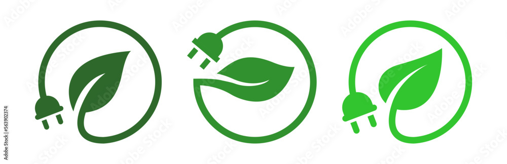 Green renewable plug leaf icons design collection set. Electric power energy charge button symbol illustration.
