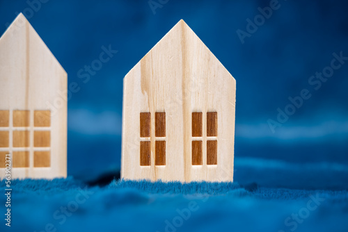 petite maison en bois écologique dans une herbe bleue photo