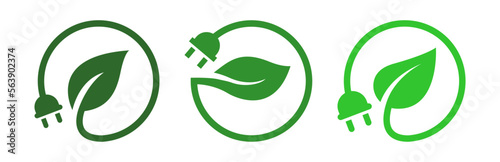 Green renewable plug leaf icons design collection set. Electric power energy charge button symbol illustration.