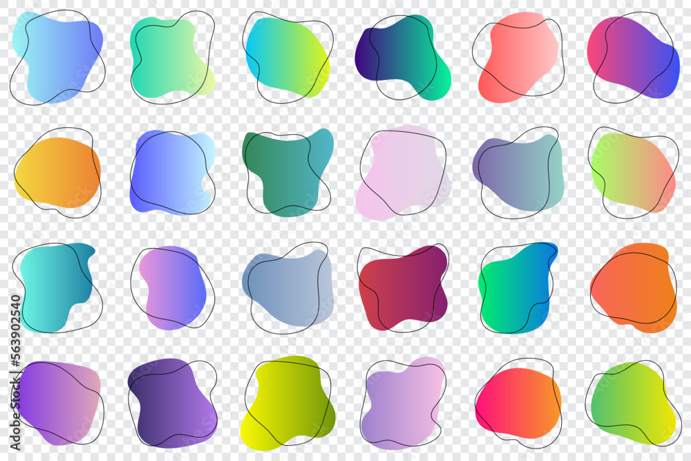 Set of abstract graphic design elements. Hand drawn colorful random blot collection. Simple rounded shapes with trendy gradients. Vector illustration