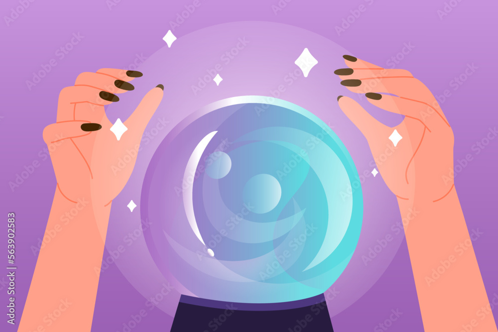 Hands of fortune teller with crystal ball vector illustration. Cartoon
