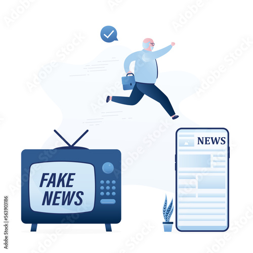 Old tv set with fake news. Elderly man jumps from vintage tv to modern smartphone with verified news in instant messengers and social networks. Different sources of information,
