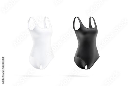 Blank black and white one-piece swimsuit mockup, side view