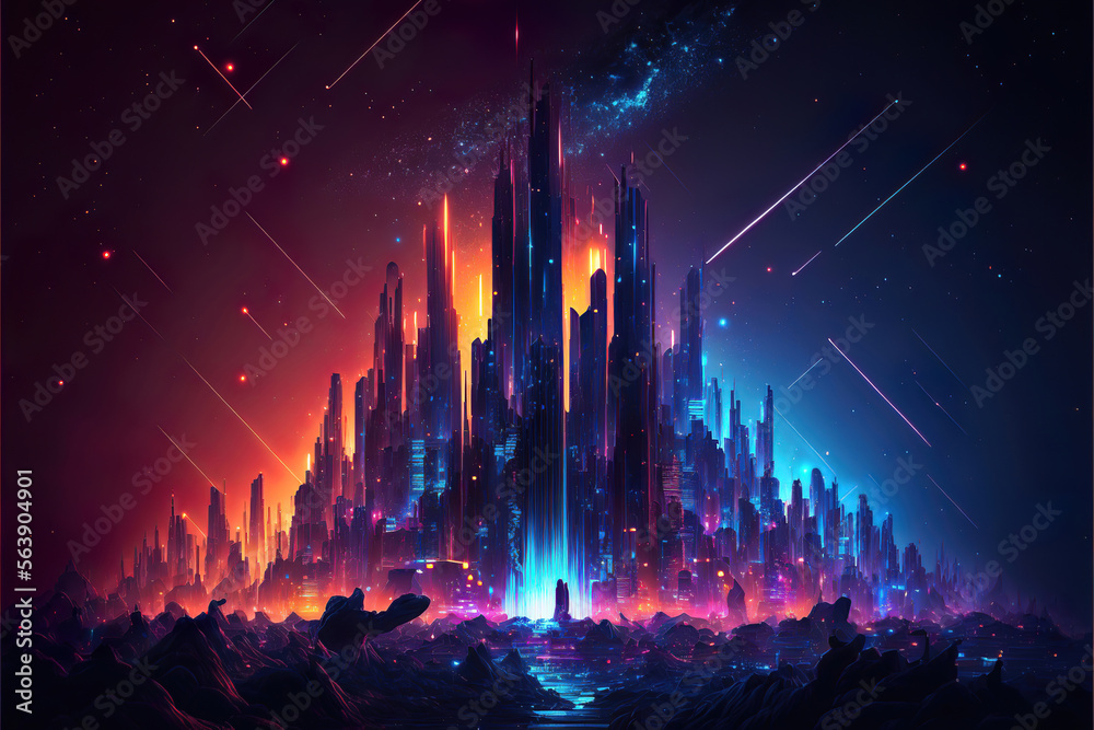 abstract futuristic colorful landscape background with glowing fantasy lights, generative ai