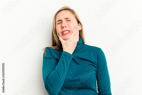 Young caucasian woman isolated on white background having a strong teeth pain, molar ache.