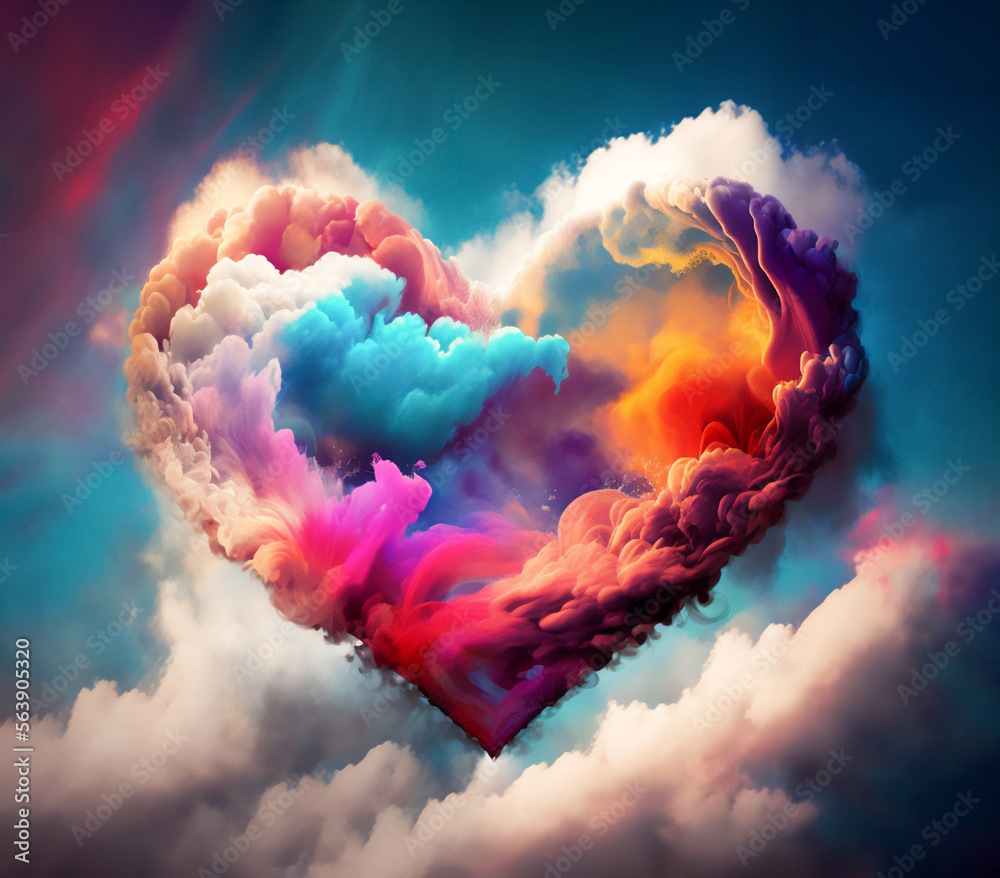 beautiful colorful valentine day heart in the clouds. Generative AI