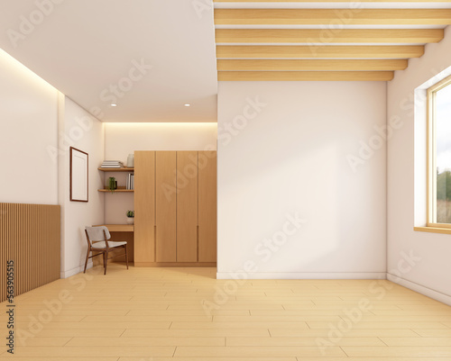 Japanese minimalist empty room with wood wardrobe and wood floor. 3d rendering