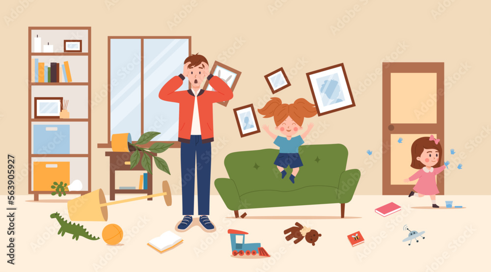 Parent horrified by the mess made by naughty children flat vector illustration.