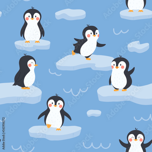 Cute penguin cartoon characters in seamless pattern flat vector illustration.