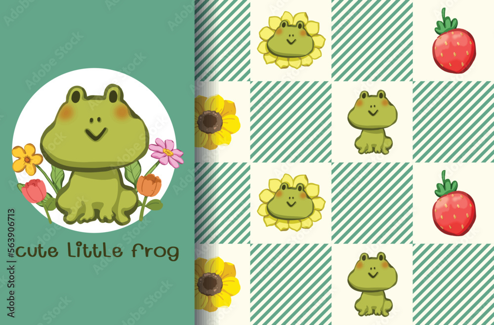 Obraz premium Cute seamless pattern cartoon with green frog, flowers, strawberry, diagonal stripes and chess square pattern. Kawaii style. Digital download, Vector image.