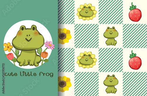 Cute seamless pattern cartoon with green frog, flowers, strawberry, diagonal stripes and chess square pattern. Kawaii style. Digital download, Vector image.
