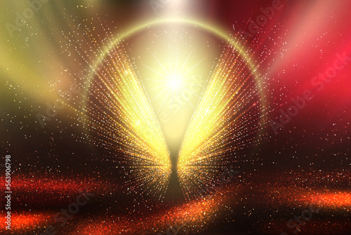 Luxury background with leading lines from point in middle with brilliant glow of dots and round golden light effect frame for product presentation. Magic red and yellow abstract vector illustration.
