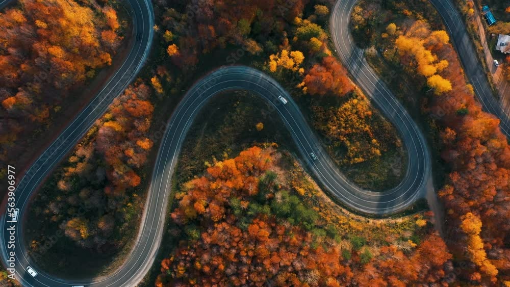 aerial footage of curved road on autumn, beautiful curved pass with vehicles and colorful autumn nature colors on trees with sunset light