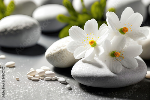 Product background  white stones and daisy blossom flowers