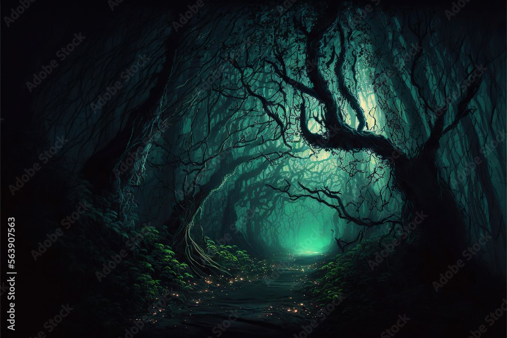 An illustration of a spooky magical fantasy forest at night. Enchanted fairytale with intertwined tree silhouettes. Generative AI An illustration of a spooky magical fantasy forest at night. Enchanted fairytale with intertwined tree silhouettes. Generative AI