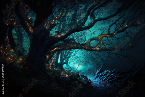 An illustration of a magical fantasy forest at night. Enchanted fairytale with tree silhouettes. Generative AI