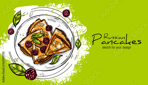 Hand-drawn sweet pancakes. Russian pancakes (blini) with berries and leaves. Sketches for decoration of premises, menus, advertising, for prints on clothes and for design of leaflets