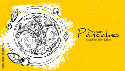 Hand-drawn sweet pancakes. Classic pancakes with berries and leaves. Sketches for decoration of premises, menus, advertising, for prints on clothes and for design of leaflets