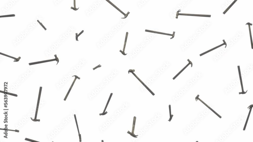 Looping animation featuring a cloud of Rusty Claw Hammers floating in place on a featureless white background.