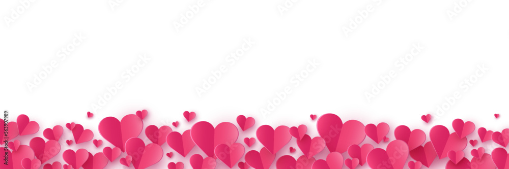 Floating hearts on white background. Paper cut decorations. Design for Valentine’s Day, Mother’s Day and Women’s Day. Banner. Vector illustration