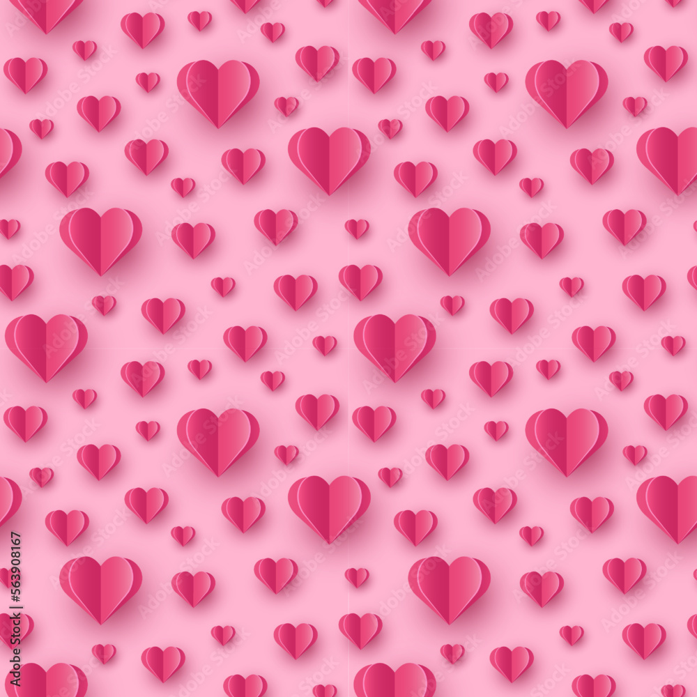 Valentine’s hearts flying on pink background. Seamless pattern with paper cut decorations. Symbols of love. Vector illustration