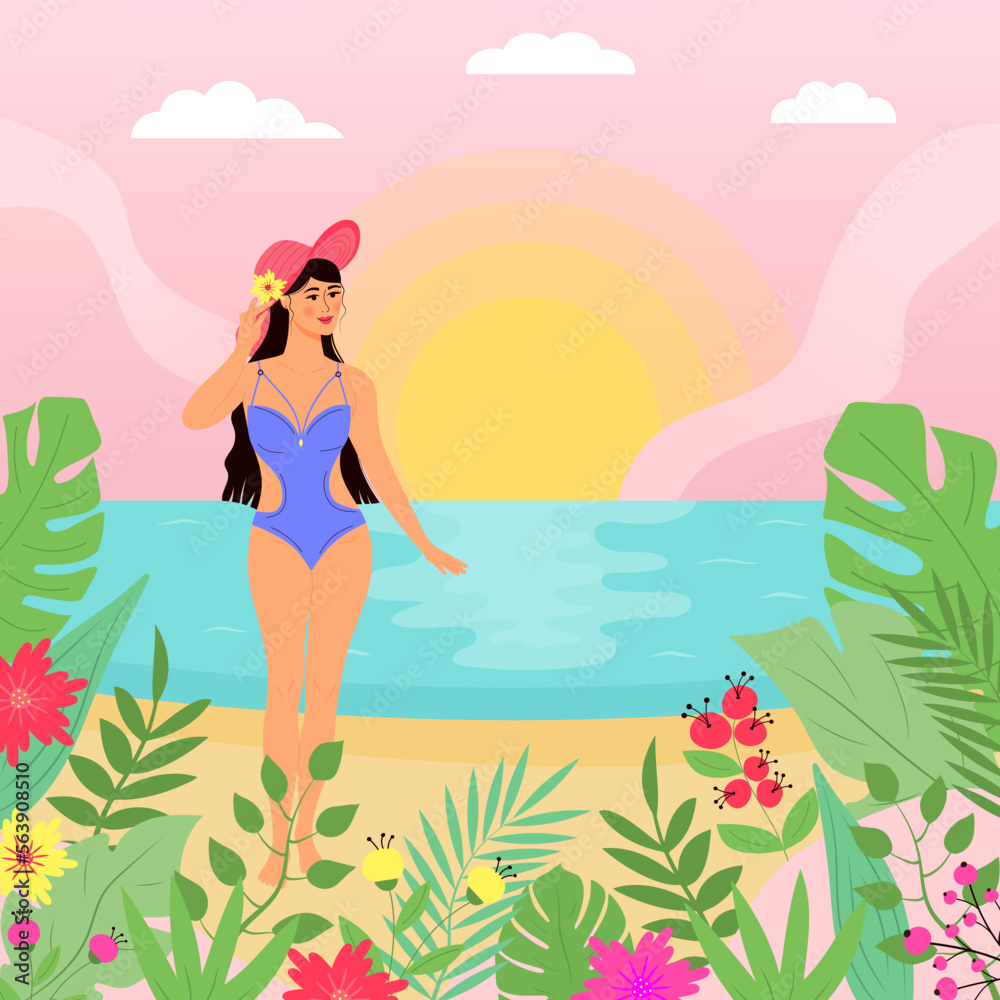Summer exotic seascape with woman in swimwear and hat. Tropical flowers and plants around. Beach scene.