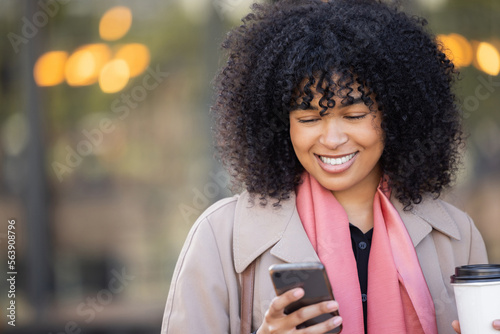 Happy, travel or black woman with phone for networking, social media or communication in London street. Search, smile or manager with smartphone for research, internet or blog content review outdoor