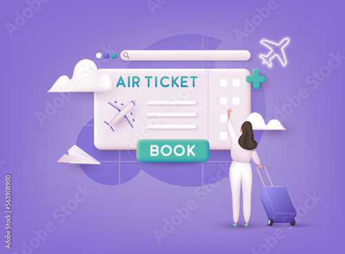 Online booking flight tickets concept on mobile phone. Time to travel concept. 3D Web Vector Illustrations.