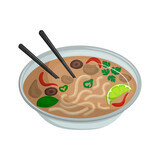 Pho bo is Vietnamese light soup with rice noodles, meat, and vegetables. Asian traditional cuisine. Vector illustration. Cartoon.