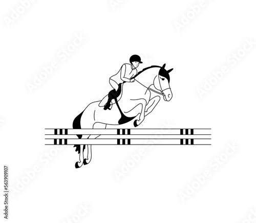 Black and white stylized illustration of an equestrian athlete and his horse during a competition