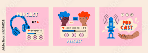 Headphones, music icon, microphone, two men  listening to podcast. Podcast recording and listening, broadcasting, online radio, audio streaming service concept. Hand drawn vector isolated illustration