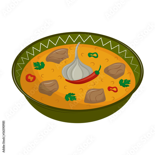 Aromatic Asian pilaf with lamb, rice and spices. Traditional Asian cuisine. Vector illustration. Cartoon.