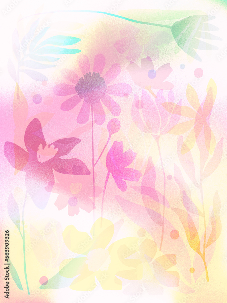 Digital noise gradient background with flowers. Nostalgia, vintage, retro style for faded and dim filter. Foggy grain texture. Psychedelic, nature-inspired wallpaper in shades of pink color. Vector 