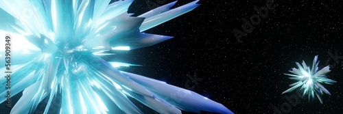 Abstract Digital Futuristic Glowing Crystals fly in space panorama Background 3D rendering
